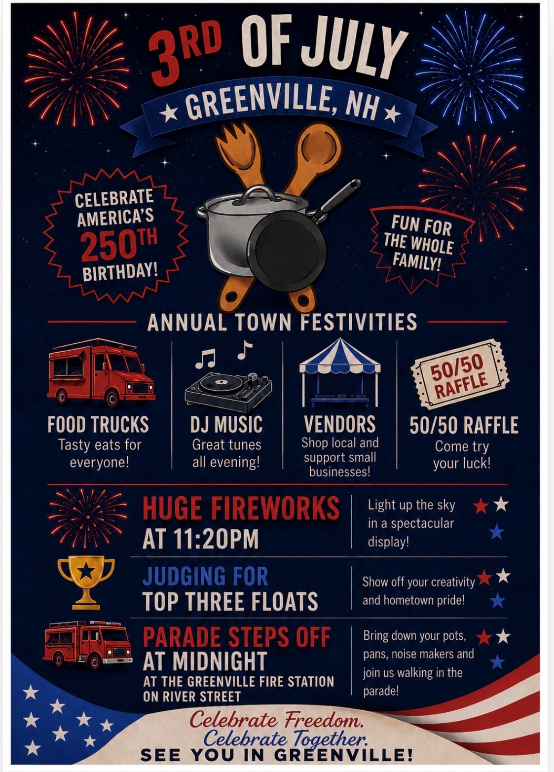 Flyer for Town Event, Food Trucks, Fireworks, Parade and Fun