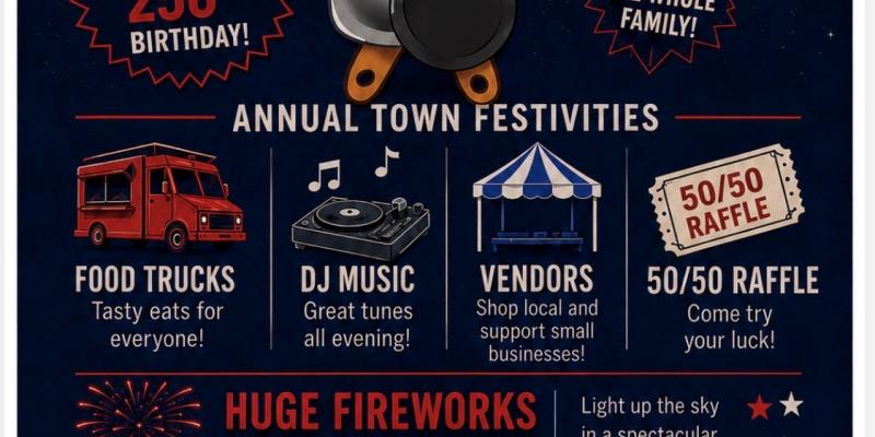 Flyer for Town Event, Food Trucks, Fireworks, Parade and Fun